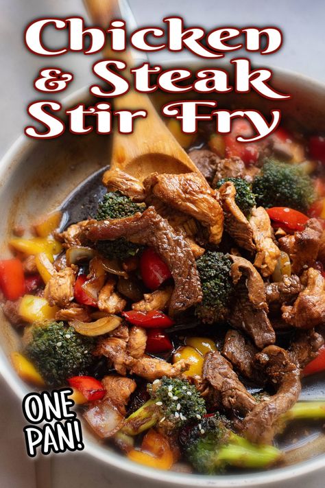 Prepare this delightful chicken and steak stir fry this week, and it's sure to become a regular request from your family! Featuring tender, seared chicken and steak coated in a light Asian-inspired sauce, this dish comes together effortlessly, making it a perfect and quick meal for any evening of the week. Chicken And Steak Stir Fry Recipes, Chicken And Steak Recipes, Chicken And Steak Stir Fry, Stir Fry With Vegetables, Chicken Breast Stir Fry, Leftover Steak Recipes, Steak Stirfry Recipes, Steak Menu, Steak And Broccoli