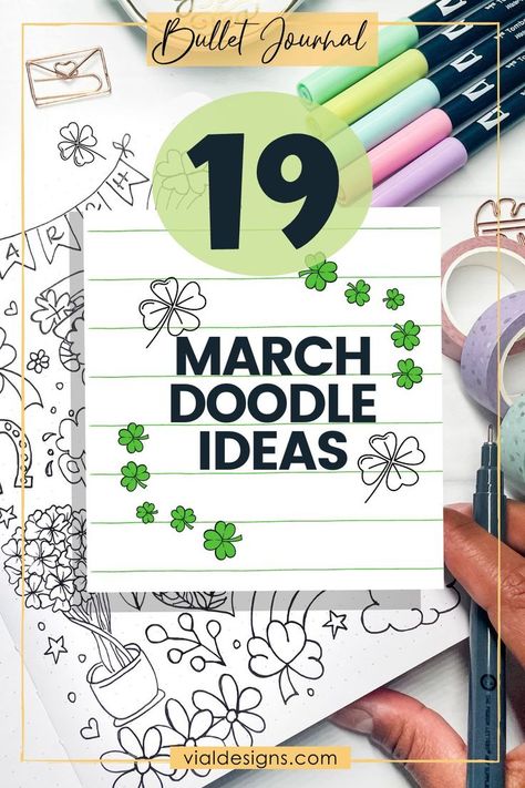 19 Easy March doodling ideas for bullet journal beginners Doodle Ideas For Beginners, Cute And Easy Doodles, Easy Doodle Ideas, Ideas For Bullet Journal, Bullet Journal Easy, Journal Easy, Bujo Monthly Spread, Doodling Tutorial, Doodling Ideas