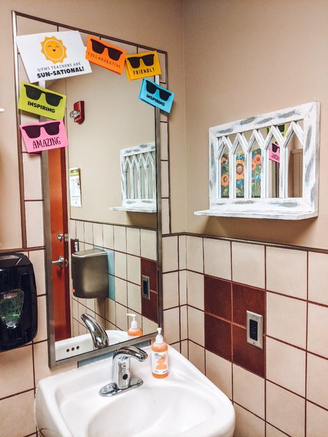 Adding Cheer to Staff Bathrooms: Teacher Appreciation Week Idea Teachers Bathroom Ideas, Staff Restroom Ideas, Work Office Bathroom Ideas, School Staff Bathroom Ideas, Staff Bathroom Makeover, Staff Bathroom Decor, Teacher Bathroom Makeover, Staff Bathroom Ideas Teacher Lounge, Teacher Bathroom Ideas