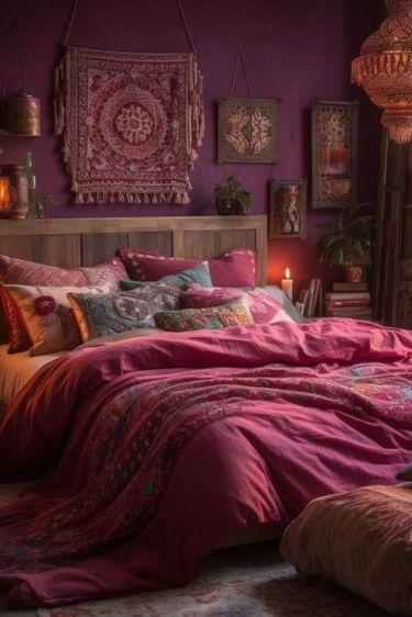 #homedecor, #interiordesign, #homedesign, #decor inspiration Magenta Room Bedrooms, Boho Bedroom Purple Walls, Magenta Boho Bedroom, Magenta Bedroom Walls, Magenta Room Ideas, Magenta Bedroom Ideas, Arab Bedroom, Bedroom Design Ideas For Women, Whimsigothic Style