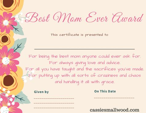 These free printable Mother's Day certificates are an award for the best grandma, best mom, or best nana and can be printed out and framed for a quick last minute Mother's Day gift that is heartfelt and inexpensive. Great gift for kids to give mom or grandma! Easy to use and cute free printable certificate template. Mothers Day Certificates Free Printable, Best Mom Certificate, Mom Template, Certificate Of Appreciation Template, Free Printable Certificate Templates, Appreciation Template, Free Printable Certificates, Mother's Day Printables, Mom Appreciation