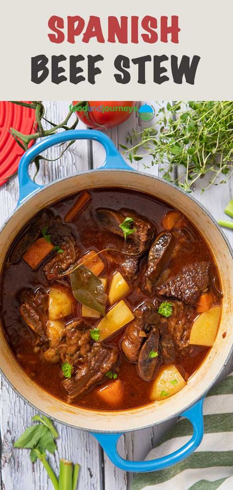 Are you looking for absolute comfort food for colder months? This Spanish Beef Stew ticks all the boxes – rich, intensely flavored sauce, fall-off-the-bone short ribs, and potatoes. You would surely be asking for seconds! Beef Short Rib Stew Recipes, Short Ribs Stew Recipe, Spanish Stew Beef, Short Rib Stew Recipe, Beef Ribs Soup, Beef Short Rib Recipes Stove Top, Spanish Beef Recipes, Spanish Steak Recipes, Short Ribs Recipe Stove Top