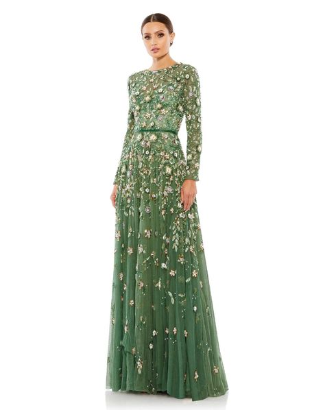 A Line Evening Dress, Beautiful Dress Designs, Embellished Gown, فستان سهرة, Overlay Dress, Mac Duggal, Chiffon Gown, High Neck Long Sleeve, A Line Gown