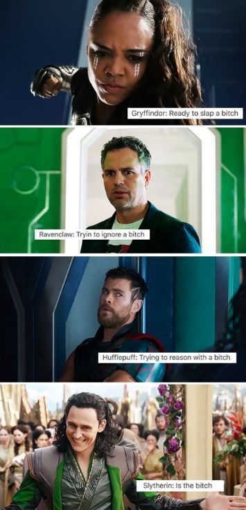 Marvel Hogwarts Houses, Avengers Humor, Funny Harry Potter, Avengers 2, Funny Marvel Memes, Harry Potter Comics, Thor Ragnarok, Marvel Avengers Funny, Dc Memes