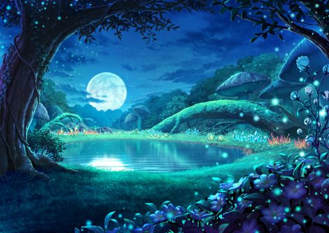 another eden flowers grass kurage (kurakurapix) landscape moon nobody scenic tree water | konachan.net - Konachan.com Anime Wallpapers Fantasy Background Landscape Laptop, Magical Forest Wallpaper Laptop, Night Wallpaper Laptop, Luna Anime, Moonlight Forest, Gacha Backgrounds Outside, Night Wallpapers, Anime Houses, Magic Background