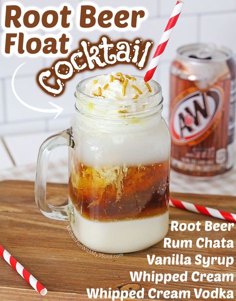 A Root Beer Float Cocktail is a fun twist on a classic treat. This drink has the cool and creamy taste of a root beer float with a kick of vodka and splash of rum. It's always a hit at any party! Rootbeer Recipe, Alcoholic Slush Recipes, Trifle Dessert Recipes, Boozy Milkshake, Whipped Cream Vodka, Float Recipes, Adult Beverages Recipes, Alcholic Drinks, Beer Float