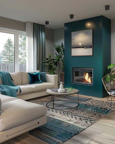 Teal Farmhouse Living Room, Torquise And Grey Living Room, Living Room Inspiration Teal, Teal Living Room Paint Color Ideas, Color Palette Interior Design Living Room, Sitting Room Paint Ideas, Navy Teal Living Room, Colourful Lounge Ideas, Teal House Color Scheme