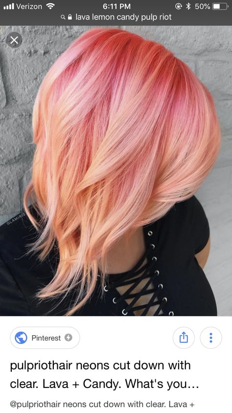 Red Pink Hair Short, Pink Orange Blonde Hair, Coral Pink Hair Color, Pastel Pink And Orange Hair, Hip Hairstyles, Coral Hair Color, Orange Yellow Pink Hair, Vivid Peach Hair, Hairstylist Salon