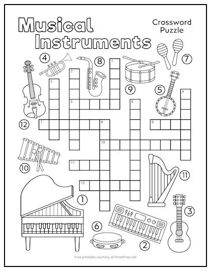 Help kids learn more about musical instruments with this free printable crossword puzzle. Our crosswords provide spelling and language practice – and when they’re done, it doubles as a coloring sheet! Music Crossword Free Printable, Piano Worksheets For Kids Free Printable, Music Worksheets For Kids Printables, Music Crossword, Music Class Worksheets, Kids Crossword Puzzles, Music Coloring Sheets, Free Printable Crossword Puzzles, Piano Worksheets