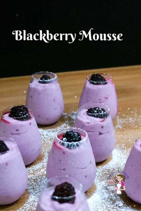 A Blackberry mousse is a great way to enjoy summer berries. The blackberry mousse without gelatin uses agar-agar and eggless pastry cream for a vegetarian blackberry mousse. While the classic uses gelatin and pastry cream made with eggs. Both are decadently delicious. A perfect dessert that sets quick and makes a pretty presentation to serve family and friends. #blackberrymousse #mousse #blackberries #dessert #eggless #vegetarian #classic Blackberries Dessert, Moose Dessert, Dessert Eggless, Blackberry Mousse, Purple Desserts, Pretty Presentation, Blackberry Dessert, Buffet Dessert, Gelatin Recipes