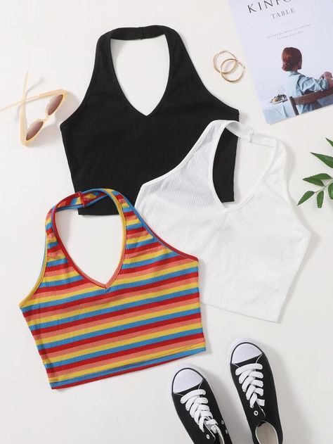 Grunge Ideas, Rainbow Crop Top, Womens Halter Tops, Cute Dress Outfits, Top Halter, Women Tank Tops, Aesthetic Clothing, Crop Top Outfits, Halter Crop Top