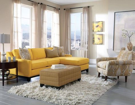 yellow couch at the center of living room - Decoist Yellow Living Room Furniture, Jonathan Louis, Yellow Couch, Living Room Furniture Arrangement, Yellow Living Room, Ottoman In Living Room, Blue Living Room, Contemporary Sofa, Living Room Sectional