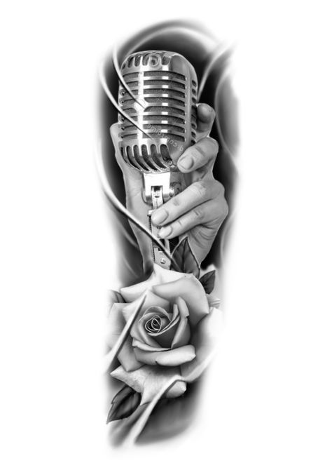 Realism Tattoo Design Black, Music Staff Tattoo, Tato Realis, Microphone Tattoo, Evolution Tattoo, Dove Tattoo Design, Rose Flower Tattoos, Animal Tattoo Ideas, Gangsta Tattoos