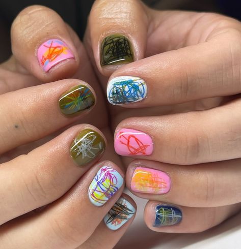 Funky Nails Summer, Santa Fe Nails, Artsy Short Nails, Punk Nails Designs, Funky Nail Designs Acrylics, Weird Girl Nails, Funky Colorful Nails, Short Basic Nails, Orange Floral Nails