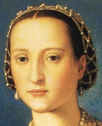 1550 Eleonora de Toledo by Bronzino    Headress           This shows Eleonora de Toledo's jeweled net headdress in her 1550 Bronzino portrait. Elizabethan Hair, Metallic Painting, Medieval Hairstyles, Elizabethan Era, Painted Portraits, Tudor Era, Queen Pictures, Hair Adornments, Hair Net