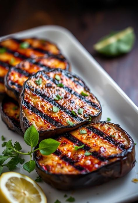 Grilled Eggplant Steaks Eggplant Steak, Grill Eggplant, Eggplant Steaks, Grilled Eggplant Recipes, Vegan Eggplant Recipes, Ube Recipes, Mediterranean Cookbook, Eggplant Curry, Vegan Eggplant