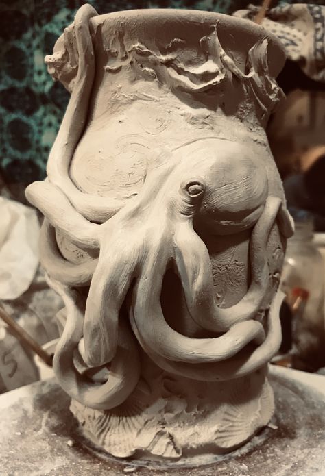 Octopus Coil Pots, Sea Life Clay Sculptures, Octopus Made Out Of Clay, Ocean Clay Sculpture, Gcse Clay Project, Octopus Pinch Pot, Ceramic Art Ocean, Large Clay Sculpture, Sea Life Sculpture