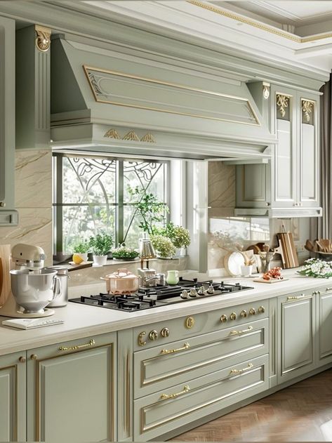 Gas Range In Island Kitchen, Range Hood Above Window, Italian Stove Kitchen, Range Under Window, Window Above Stove, Kitchen With Stove In Island, Kitchen Gas Stove Ideas, Large Range Hood, French Parisian Kitchen