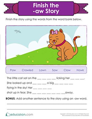 Use this story worksheet to practice the diphthong -aw with your students. Mastery of this common diphthong can help increase first graders' reading fluency. Use on its own or with the lesson plan Did You Know -aw Makes the Same Sound as the Short O? #educationdotcom Aw Sound Words, Finish The Drawing Worksheets, Aw Words, Story Worksheet, Advance English, Teaching Character, Phonics Posters, Phonics Practice, Sound Words