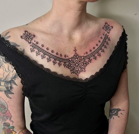 Folk Chest Tattoo, Collar Bone Tattoo Ornamental, Ornamental Chest Tattoo Female, Ornamental Chest Tattoo, Scars Tattoo, Collar Tattoo, Tattoo Chest, Bone Tattoo, Scar Tattoo