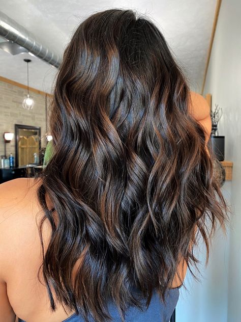 Chocolate Brown Lowlights Brunettes, Chocolate Balayage On Black Hair, Deep Chocolate Brown Hair With Lowlights, Dark Chocolate Brown Hair With Lowlights, Dark Chocolate Balayage, Hair Balayage Brown, Balayage Brown Hair, Balayage On Black Hair, Dark Brunette Balayage