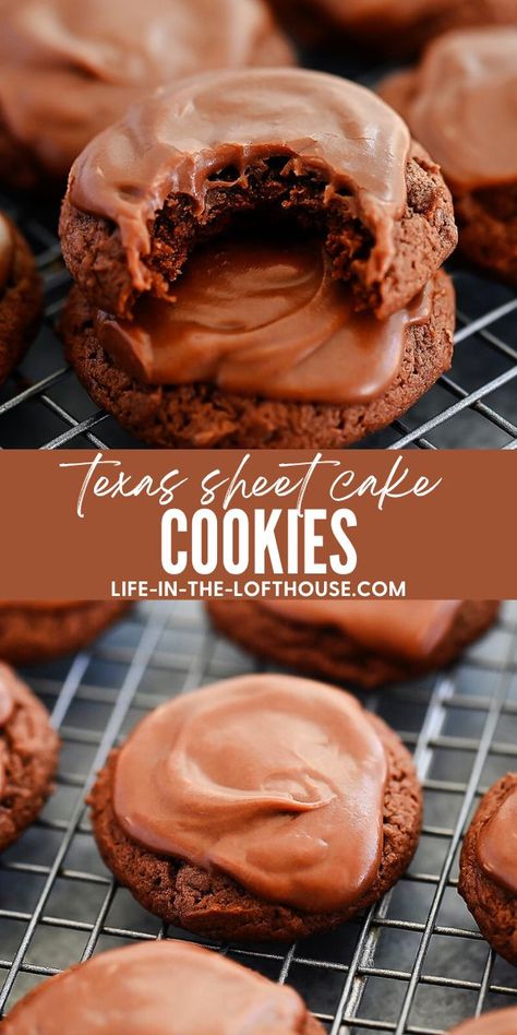 Texas Sheet Cake Cookies Texas Cake Cookies, Chocolate Sheet Cake Cookies, Chocolate Cookies With Icing, Frosted Chocolate Cookies, Texas Sheet Cake Cookies Recipes, Chocolate Frosted Cookies, Easy Unique Cookie Recipes, Chocolate Cookie Icing, Cake Cookie Recipes