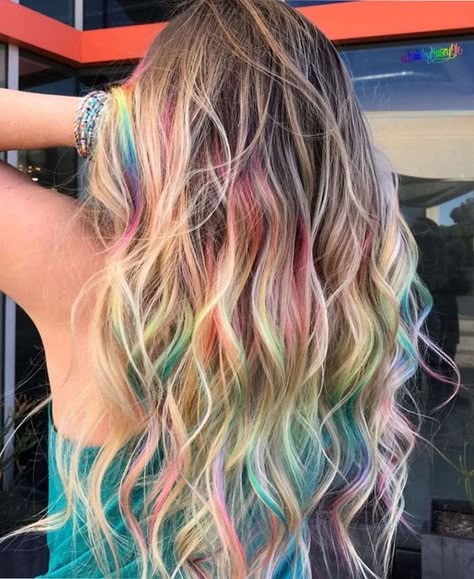 Blonde Colorful Hair Ideas, Oil Slick Highlights Brunette, Vivid Hair Extensions, Fun Pop Of Color In Hair, Hair With A Pop Of Color, 2023 Fall Hair Trends Blonde, Pops Of Color In Hair, Colorful Peekaboo Hair, Bright Hair Color Ideas For Blondes