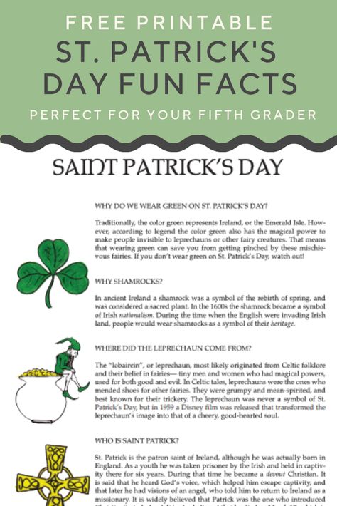 St. Patrick's Day Fun Facts | Ever wonder why we wear green on St. Patrick's day or where the leprechaun came from? Find out with this worksheet on St. Paddy's Day history! #free #printables #stpatricksday #holidays #educationdotcom St Patrick Facts, St Patricks Day History, St Patricks Day Quotes, St Patricks Day Crafts, St Patricks Crafts, St Patricks Day Crafts For Kids, St Patrick Day Activities, St Patricks Day Food, Saint Patties