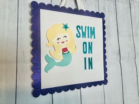 Mermaid Party sign, Swim on in Mermaid Party Decor, Mermaid Swim, Mermaid Birthday Decorations, Mermaid Sign, Party Entrance, School Carnival, Mermaid Party Decorations, Mermaid Swimming, Mermaid Theme Party