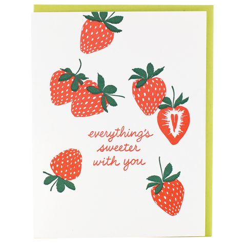 description Six whole strawberries and one that's sliced in half are arranged artfully around hand-lettered text. front greeting everything's sweeter with you inside greeting blank format 4.25 x 5.5 inches, folded (A2) printing letterpress printed in our Acton, MA studio paper FSC-certified cover made from 100% post-consumer waste envelope apple green origin USA item no. TTL2413 Strawberry Valentine Card, Greeting Cards Inspiration, Strawberry Greeting Card, Cute Cards Handmade, Valentines Homemade Cards, Valentine’s Day Cards, Cute Card Designs, Valentines Cards Handmade, Cute Valentines Cards