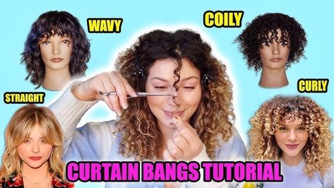 Diy Curtain Bangs Curly Hair, How To Do Bangs With Curly Hair, How To Cut Bangs On Curly Hair, How To Cut Curly Hair Bangs, How To Cut Bangs For Curly Hair, How To Cut Curly Bangs, Curly Hair Curtain Fringe, Naturally Curly Curtain Bangs, Curly Hair Bangs Long