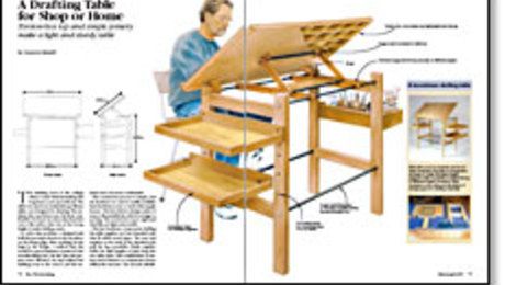 Cameron Russell knockdown drafting table makes a good beginner’s project. The table is comfortable to use, and has accessory trays that attach to the legs for easy access. The construction process is simple, and the hardware is readily available. The torsion-box top is rigid and dead flat, yet light and portable. Multiple drawings help show the construction details.From Fine Woodworking #123 Design Desks, Woodworking Vise, Drawing Desk, Woodworking Projects Furniture, Desk Plans, Drafting Table, Drawing Table, Woodworking Joints, Diy Holz