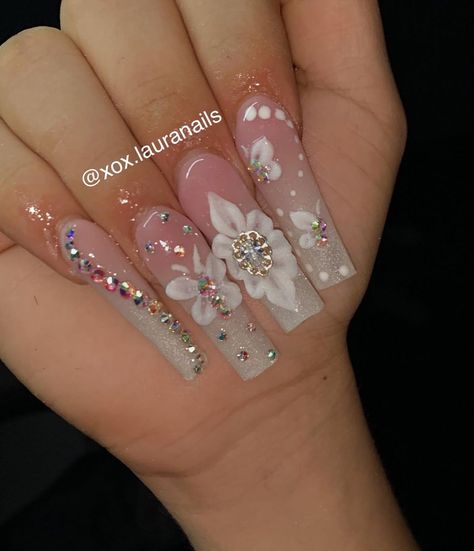 Long extra nails with bling✨ 3d Butterfly Acrylic Nails, 3d Nail Butterfly, Long Extra Nails, 3d Butterfly Nails, Hawaiian Flower Nails, Nails With Bling, Sparkly Acrylic Nails, Extra Nails, Pink Flower Nails