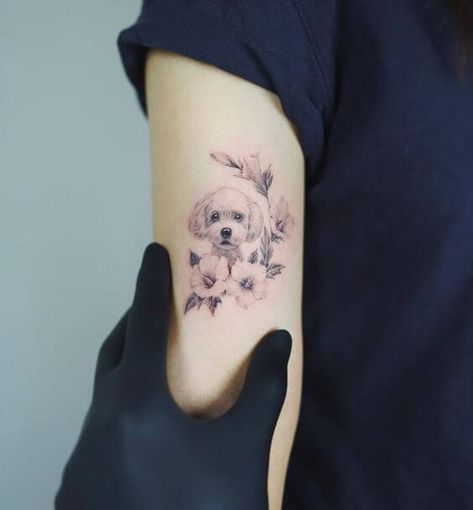 The 22 Fascinating Bichon Frise Tattoo Designs | The Dogman Poodle Dog Tattoo, Poodle Tattoo, Anjing Poodle, Small Dog Tattoos, Dog Tattoo Ideas, Dog Memorial Tattoos, Paw Tattoo, Memorial Tattoos, Tattoo Parlors