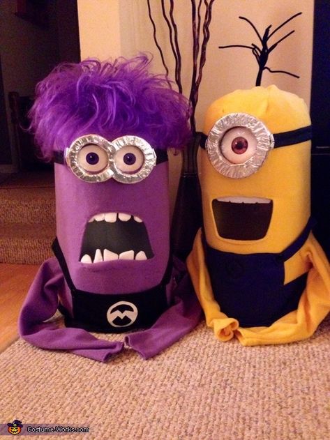 Denise: My son is wearing this purple minion costume. Bristol board and packing tape was used to make the body, foam was used for the rounded head, flannel material was used... Purple Minion Costume, Diy Minion Costume, Purple Minion, Minion Costume, Diy Minions, 2015 Halloween Costumes, Yellow Minion, Purple Minions, Minion Halloween