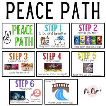 These Peace Path posters are designed to help students who are in conflict, problem solve and find a solution together! This PDF download includes the Peace Path title page, 6 steps to resolution pages: Step 1: Stop and breathe, keep calm and talk it out. Step 2: How do you feel? Keep calm and talk ... Peace Path, Water Under The Bridge, Stem Crafts, Make A Plan, 7 Habits, Preschool Teacher, Upper Elementary, Title Page, The Peace