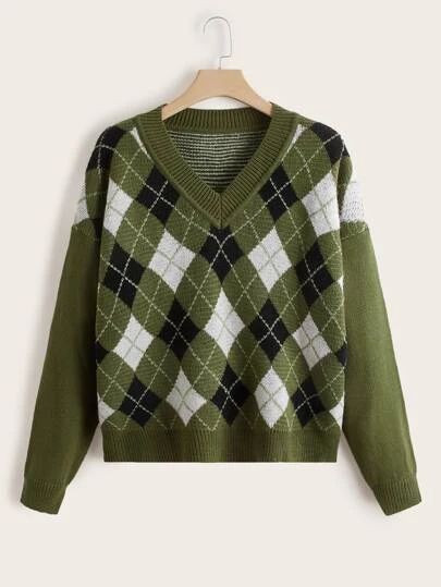 Adventurecore Clothes, Green Argyle Sweater, Drop Shoulder Sweater, Argyle Pattern, Drop Shoulder Sweaters, Argyle Sweater, Plus Size Sweaters, Green Shirt, Green Sweater