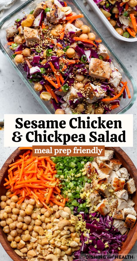 Sesame Chicken and Chickpea Salad with chopped cabbage, green onion, and roasted cashews. Make-ahead friendly, this filling   flavorful salad is perfect for healthy weekday lunches. via @https://www.pinterest.com/jamievespa/ Weekday Salad Lunch, Colorful Meals Healthy, Protein Salads For Lunch, Autumn Salad Recipes Healthy, Healthy Chicken Salad Meal Prep, Cabbage Salad With Chicken, Healthy Make Ahead Salads, Salad For The Week, Cold Chickpea Salad