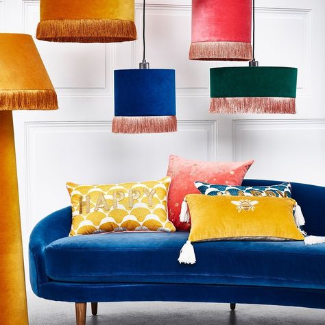 Oliver Bonas on Instagram: “Jewel toned, luxurious velvet touches to make your home pop Ero Velvet Blue Pendant Lampshade Small 1387698 Ero Green Velvet & Tassel…” Pendant Lampshade, Blue Velvet Sofa, Large Cushions, Outdoor Comfort, Pendant Lamp Shade, Barn Conversion, Blue Pendant, Oliver Bonas, New Beds