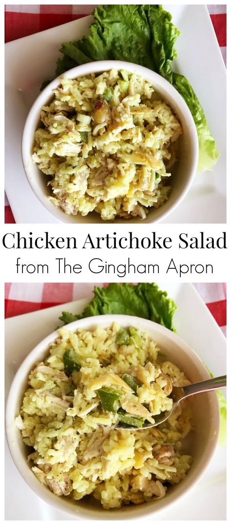 Chicken Artichoke Salad- a unique twist on Chicken Salad that is simply delicious! The green olives, rice, and artichokes make this so yummy. #chickensalad #sandwich #light #summerlunch Chicken Artichoke Salad, Artichoke Chicken Salad, Chicken Artichoke, Afternoon Lunch, Artichoke Salad, Celery Recipes, Gingham Apron, Food For Family, Artichoke Chicken