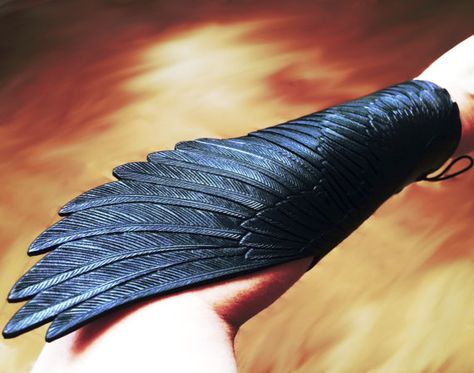 Raven wings  Crow wings  Pair of hand tooled leather winged Crow Wings, Leather Wings, Raven Wings, Leather Bracers, Bird Wings, Hand Painted Leather, Hand Tooled Leather, Painting Leather, Black Hand