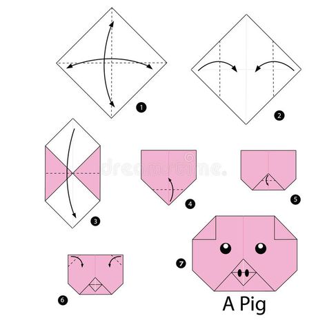 Step by step instructions how to make origami pig. stock illustration Easy Origami Dragon, Origami For Kids Animals, Easy Origami Animals, Origami Pig, Origami Easy Step By Step, Origami Turtle, Origami Frog, Origami Step By Step, Origami Decoration