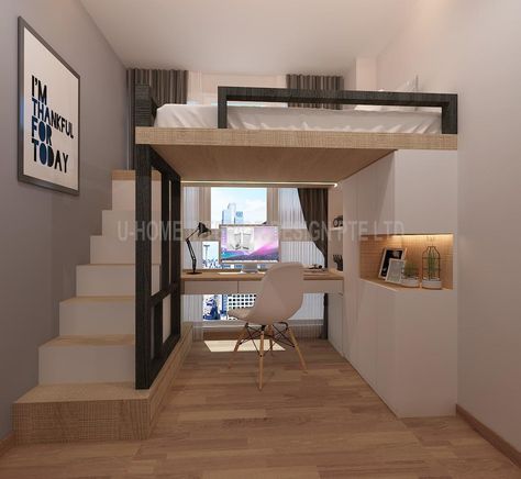 Loft bed design by U Home interior design Mezzanine Design, Loft Beds For Small Rooms, Build A Loft Bed, Reka Bentuk Bilik Tidur, A Loft Bed, Tiny Loft, Beds For Small Rooms, Loft Bed Plans, Diy Loft Bed