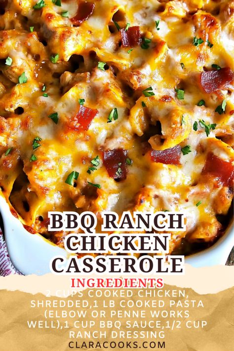 BBQ Ranch Chicken Casserole Bbq Ranch Chicken Casserole, Taco Casserole With Tortillas, Macaroni And Cheese Casserole, Chicken Broccoli Rice Casserole, Chicken Casserole Easy, Ranch Chicken Casserole, Tangy Bbq Sauce, Cheesy Chicken Broccoli, Cheesy Zucchini