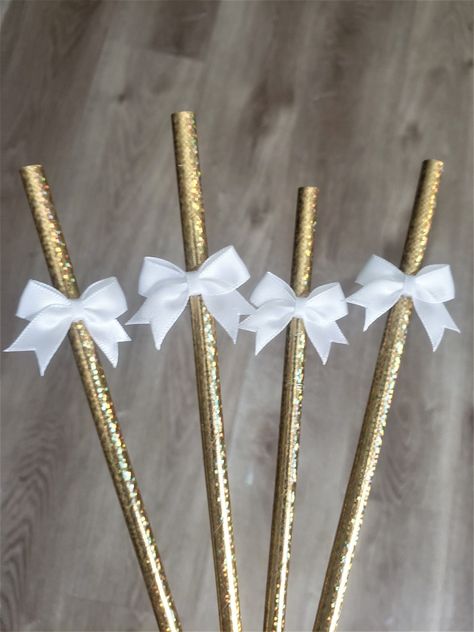 "Gold and White Bow Party Straws, Bridal Shower Decoration, Wedding Shower, Wedding Straws, Baby Shower Decoration White Fabric Bows, Gold Metallic Straws, assembled party decoration.  Product details: - Standard straw size - 1\" white fabric bows also included (already assembled on straw) What's included - 12 Gold Metallic Straws with White Bows Please contact me if you have any questions!  Thank you!" Gold And White Bachelorette Party, Bridal Shower Bows, White And Gold Bridal Shower Ideas, Gold And White Party Theme, White And Gold Party Decorations, Gold Bridal Shower Ideas, Gold And White Party, Coquette Bday, White And Gold Party