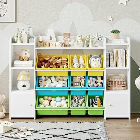 Homfa Kids Bookcase with 9 Bins, White Toy Cubby Storage Organizer Bookshelf with 2 Door for Kids Room Playroom Organization Toddle Room, Toy Cubby Storage, Toy Storage Cabinet, Cubby Bins, Kids Bookshelf, Montessori Playroom, Big Boy Bedrooms, Bookshelf Organization, Comfortable Life