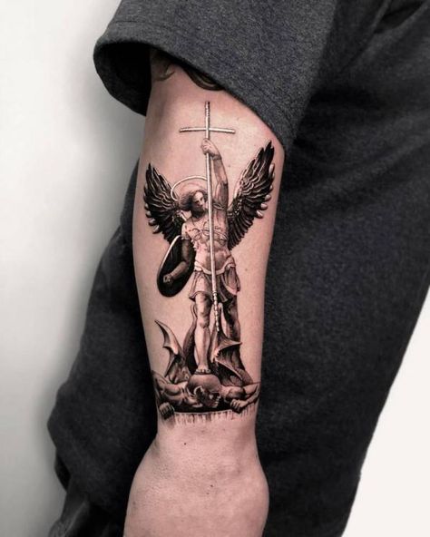 80 Powerful Angel Michael Tattoo Designs with Meaning | Art and Design Paintings As Tattoos, Saint Michael Tattoo Forearm, Saint Michael Tattoo Design, Christian Tattoo Ideas For Men, Saint Michael Tattoo, Archangel Michael Tattoo, Angle Tattoo, St Michael Tattoo, Michael Tattoo