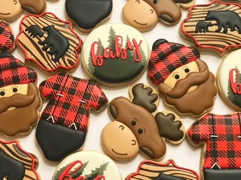 Lumberjack woodland buffalo plaid moose baby shower decorated cookies #babyshower #buffaloplaid #lumberjack #woodland #moose #beard #decoratedcookies #bear #royalicing Baby Shower Decorated Cookies, Moose Baby Shower, Plaid Baby Shower, Plaid Moose, Lumberjack Baby Shower, Lumberjack Baby, Lumberjack Birthday, Plaid Baby, Baby Boy 1st Birthday