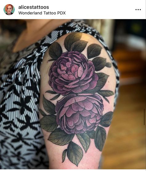 Peony Tattoo Purple, Dark Red Flower Tattoo, Dark Purple Flower Tattoo, Pink Peony Tattoo, Purple Tattoo Ink, Cover Up Tattoos Before And After, Vintage Floral Tattoos, Purple Flower Tattoos, Red Flower Tattoos