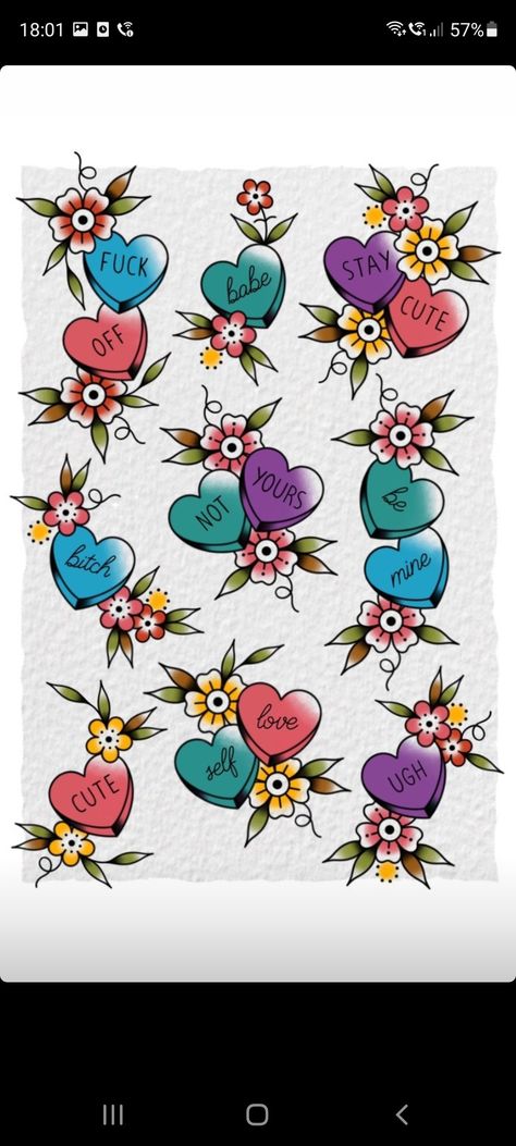 Valentines Candy Tattoo, Heart Filler Tattoo, Decorative Heart Tattoo, Traditional Tattoos Valentine, Random Filler Tattoos, Love Traditional Tattoo Ideas, Traditional Candy Heart Tattoo, Valentine’s Day Traditional Tattoo, Sweet Tart Heart Tattoo